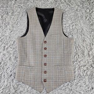 Vicac Mens XL Tan Grey Plaid Glen Check Adjustable Back Formal Suit Vest
